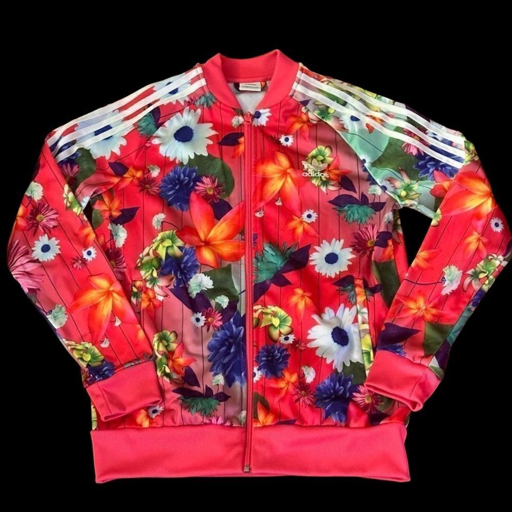 Adidas Floral Track Jacket in Red with Multicolor Flowers